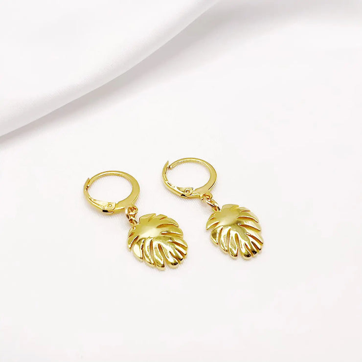 Monstera Leaf Huggie Hoops Earrings Gold Filled